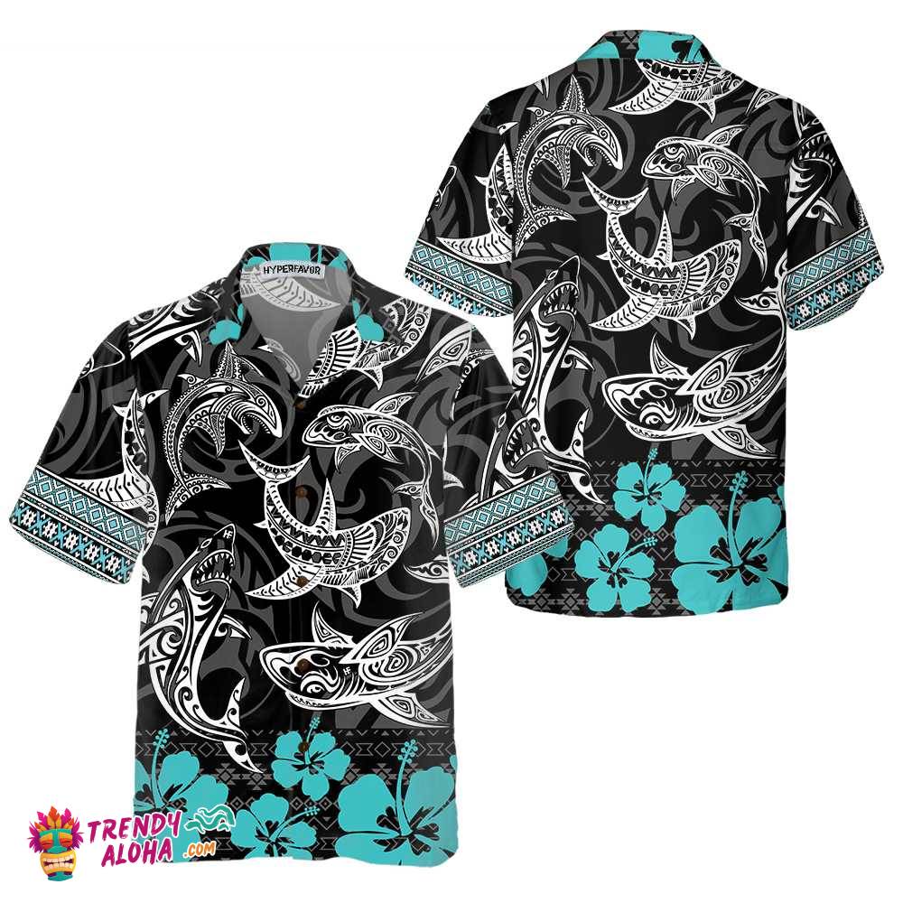 Polynesian Shark Hawaiian Shirt, Shark Shirt Button Up For Adults, Shark Print Shirt