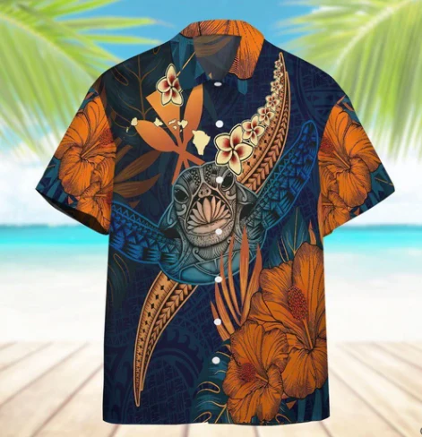 Polynesian Style Turtle and Hibiscus Hawaiian Shirt