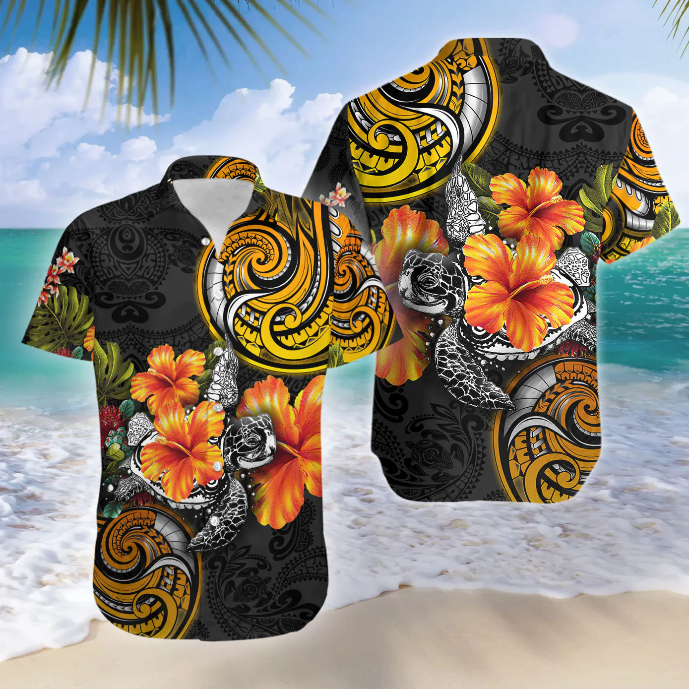 Polynesian Turtle Hibiscus Trendy Hawaiian Shirts Casual Short Sleeve Aloha Beach Shirt