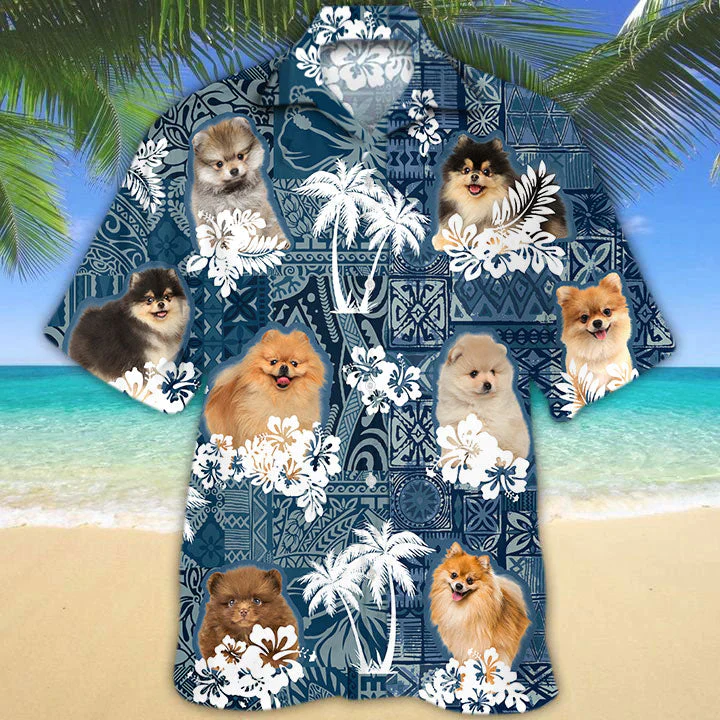 Pomeranian Dog Hawaiian Tropical Plants Pattern Blue And White Trendy Hawaiian Shirt For Men