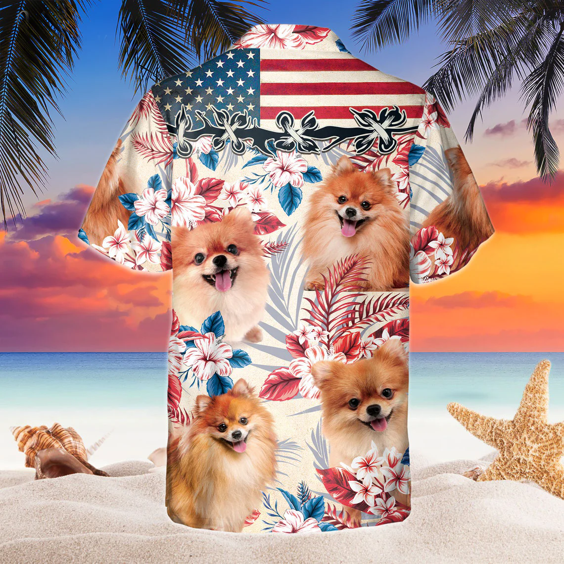 Pomeranian Dog United States Flag Hawaiian Flowers All Over Printed 3D Hawaiian Shirt