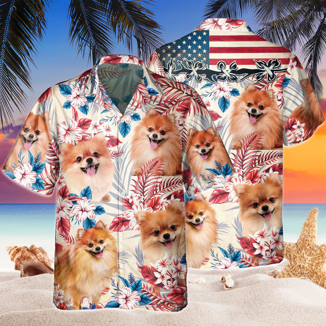 Pomeranian Dog United States Flag Hawaiian Flowers All Over Printed 3D Hawaiian Shirt Pomeranian Dog United States Flag Hawaiian Flowers All Over Printed 3D Hawaiian Shirt