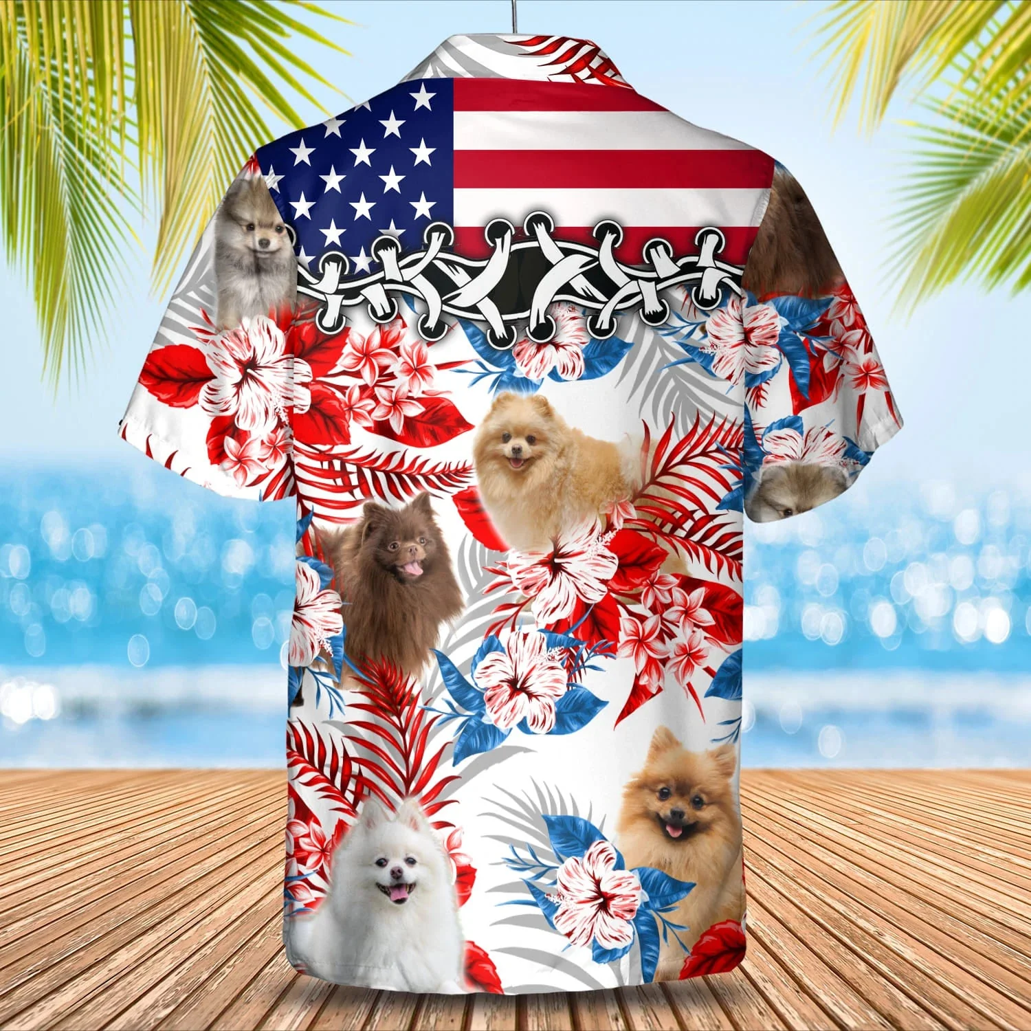 Pomeranian Flower American Flag Trendy Hawaiian Shirt, Summer Aloha Shirt, Men Trendy Hawaiian Shirt, Gift For Summer