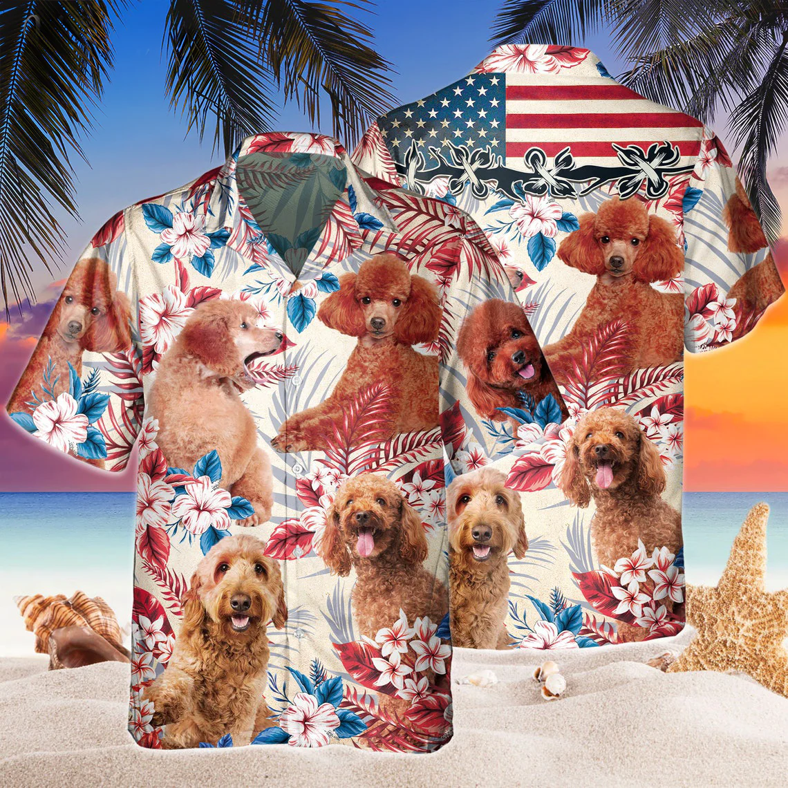 Poodle Dog United States Flag Hawaiian Flowers All Over Printed 3D Hawaiian Shirt Poodle Dog United States Flag Hawaiian Flowers All Over Printed 3D Hawaiian Shirt