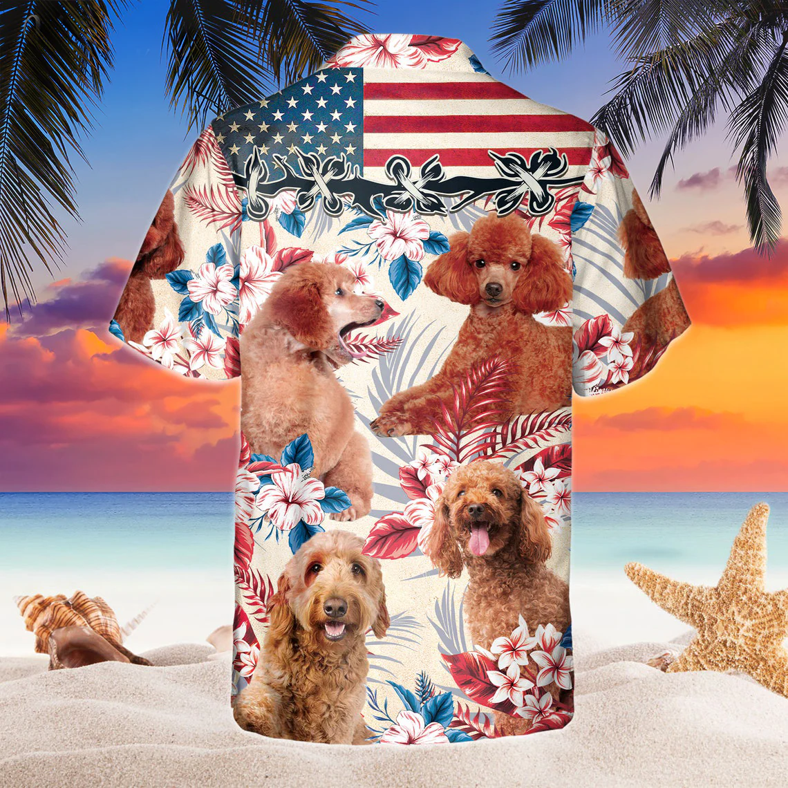 Poodle Dog United States Flag Hawaiian Flowers All Over Printed 3D Hawaiian Shirt