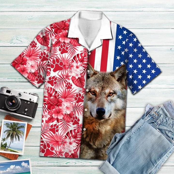 Portrait Of Wolf Usa And Tropical Red Plant Pattern Trendy Hawaiian Shirt Portrait Of Wolf Usa And Tropical Red Plant Pattern Trendy Hawaiian Shirt