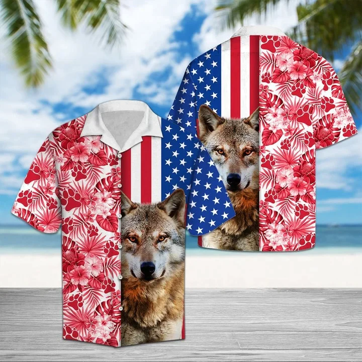 Portrait Of Wolf Usa And Tropical Red Plant Pattern Trendy Hawaiian Shirt