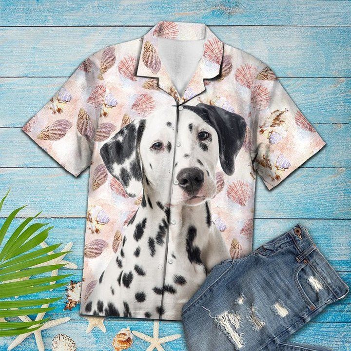 Pretty Seashells And Cute Dalmatian Portrait Pattern Trendy Hawaiian Shirt Pretty Seashells And Cute Dalmatian Portrait Pattern Trendy Hawaiian Shirt