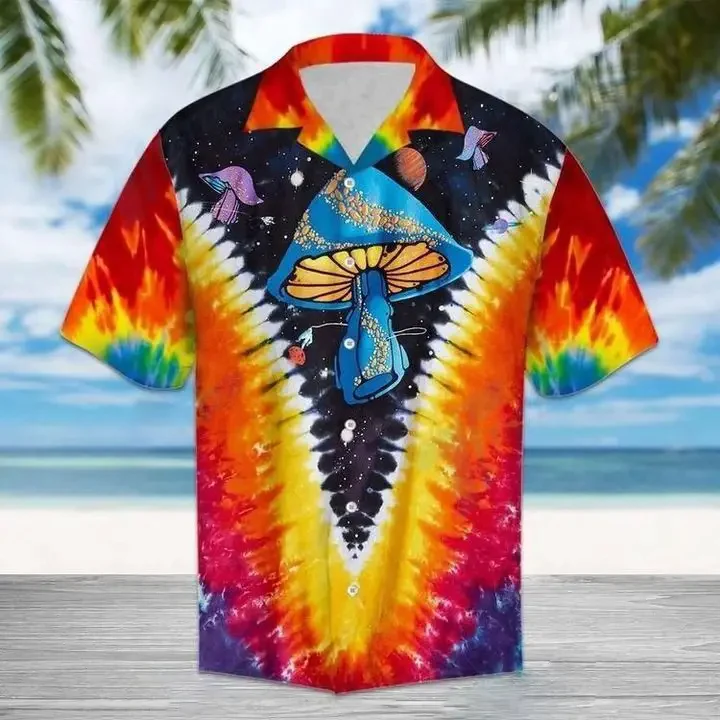 Psychedelic Art Magic Mushroom Trippy Hippie Tie Dye Hawaiian Shirt