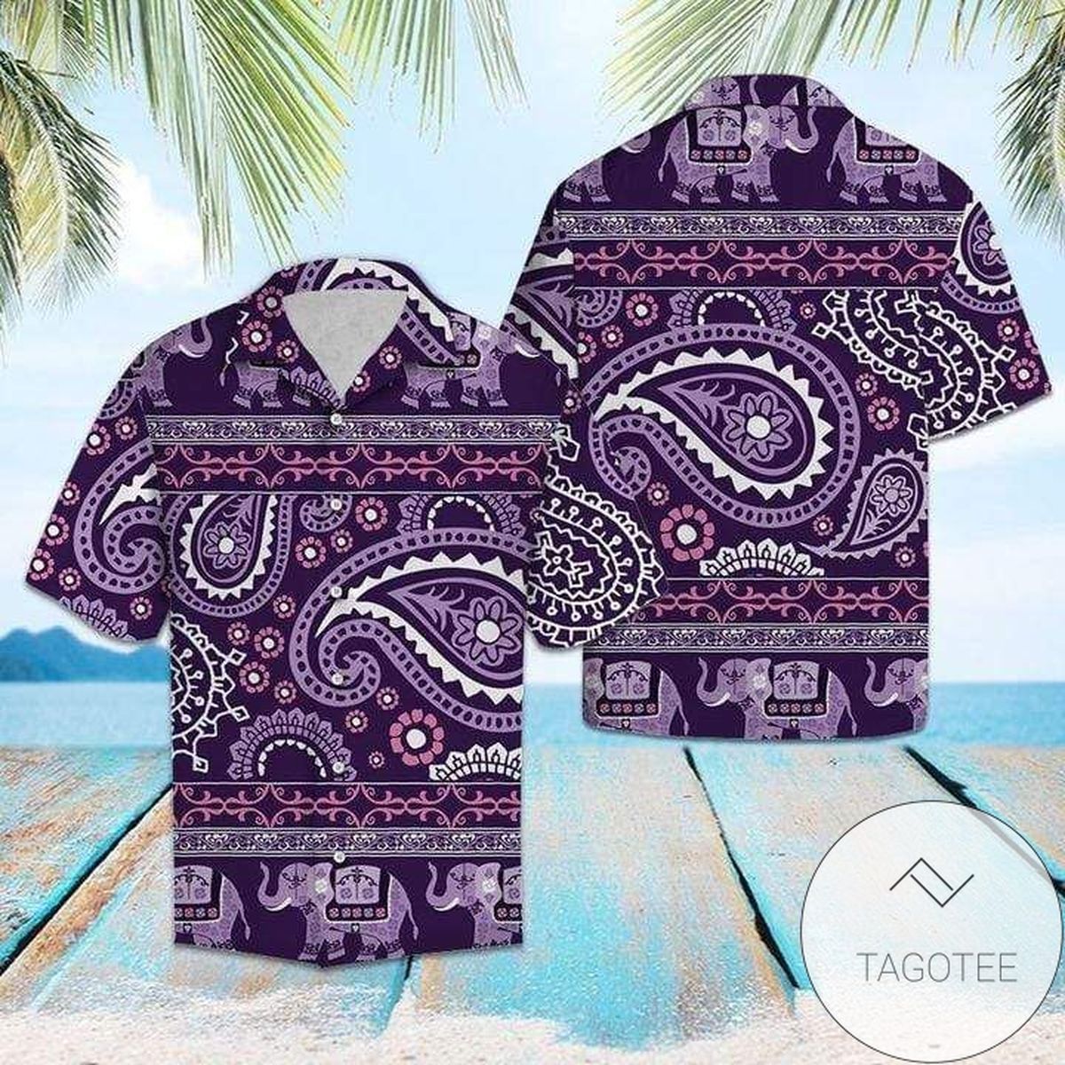Psychedelic Elephant Imagery On A Vibrant Purple Hawaiian Shirt