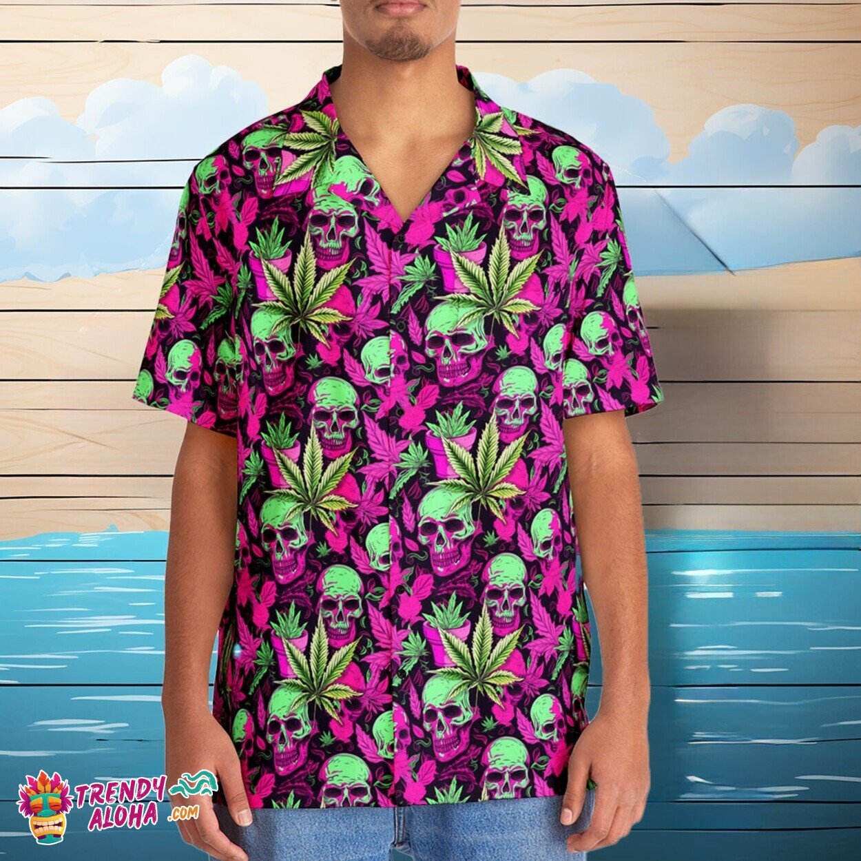 Psychedelic Hippie Skulls with Cannabis Men’s Hawaiian Horror Shirt
