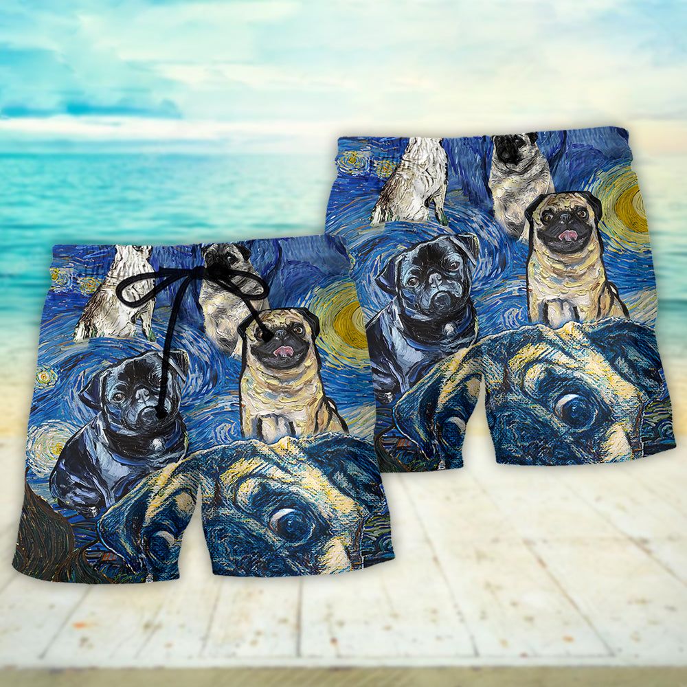 Pug Dog Cute Starry Night Trendy Aloha Hawaiian Beach Shorts