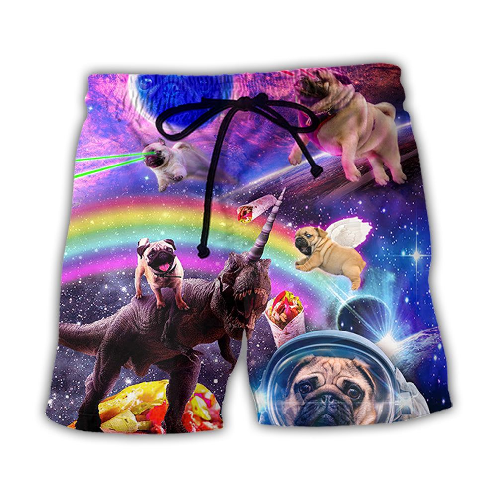 Pug Dog Galaxy Rainbow Star T-Rex Style Trendy Aloha Hawaiian Beach Shorts