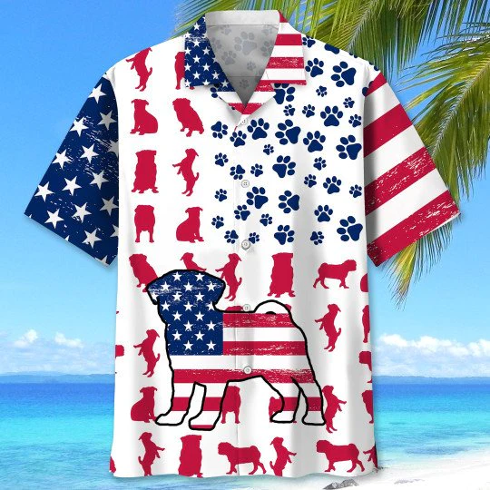 Pug Dog Honors Usa In Vibrant Hawaiian Shirt Print