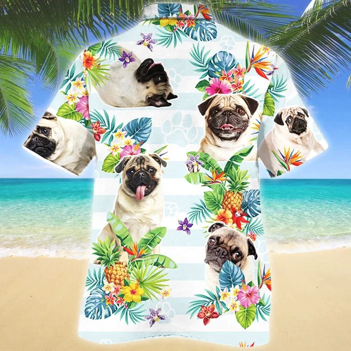 Pug Dog Paw Tropical Flower Blue And White Stripe Trendy Hawaiian Shirt, Short Sleeve Hawaiian Aloha Shirt For Men And Women