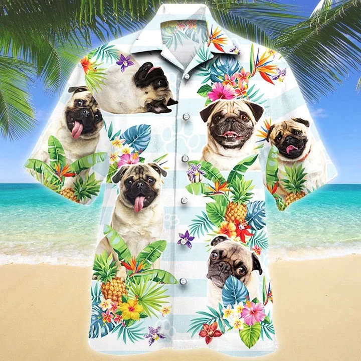 Pug Dog Paw Tropical Flower Blue And White Stripe Trendy Hawaiian Shirt, Short Sleeve Hawaiian Aloha Shirt For Men And Women Pug Dog Paw Tropical Flower Blue And White Stripe Trendy Hawaiian Shirt, Short Sleeve Hawaiian Aloha Shirt For Men And Women
