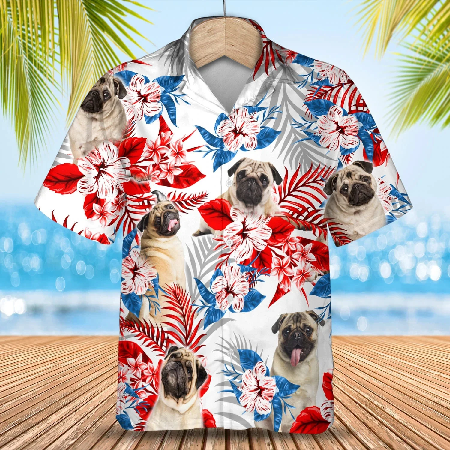 Pug Flower American Flag Trendy Hawaiian Shirt, Summer Aloha Shirt, Men Trendy Hawaiian Shirt, Gift For Summer Pug Flower American Flag Trendy Hawaiian Shirt, Summer Aloha Shirt, Men Trendy Hawaiian Shirt, Gift For Summer