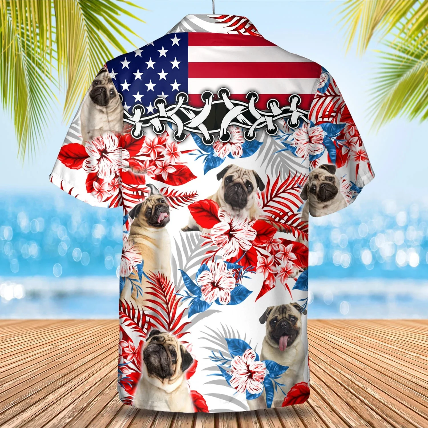 Pug Flower American Flag Trendy Hawaiian Shirt, Summer Aloha Shirt, Men Trendy Hawaiian Shirt, Gift For Summer