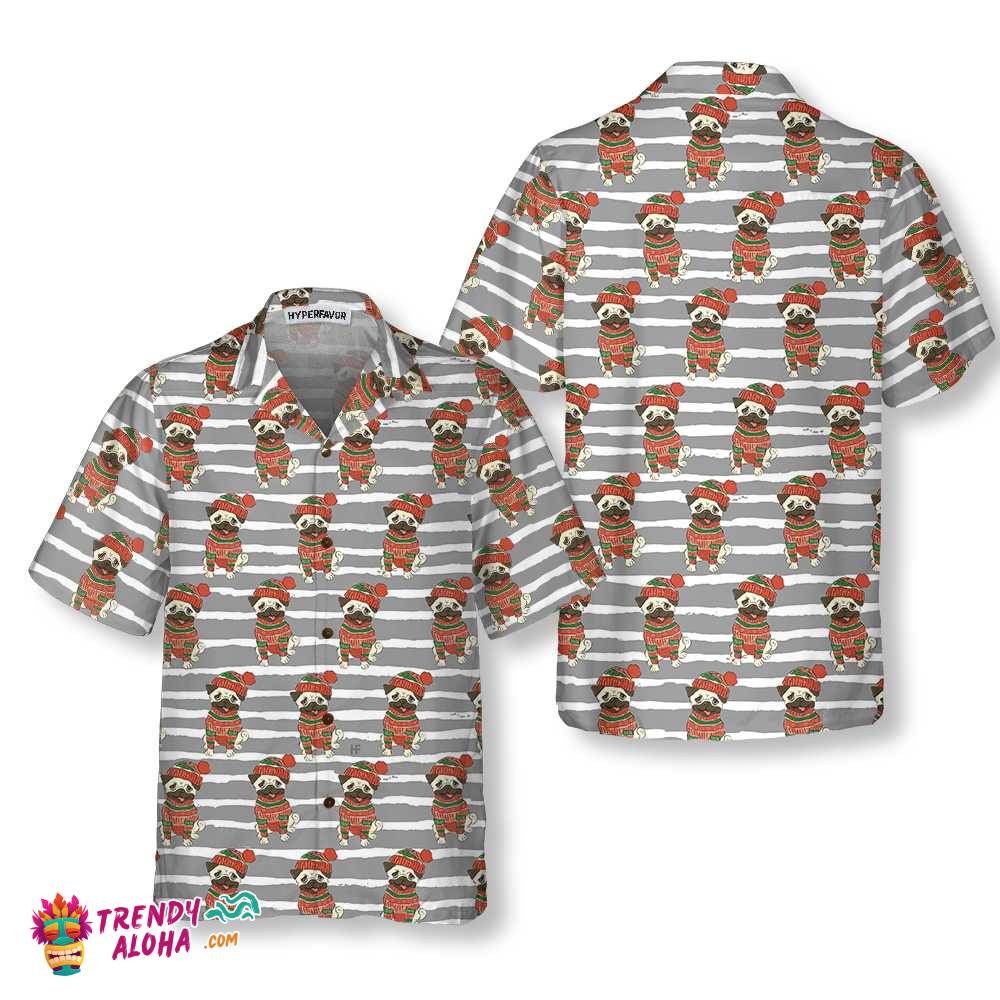 Pug In Sweater And Winter Hat Hawaiian Shirt, Funny Pug Christmas Shirt