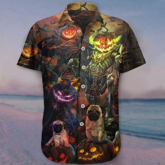 Pug Takes on the Role of Pumpkin King in Hawaiian Shirt