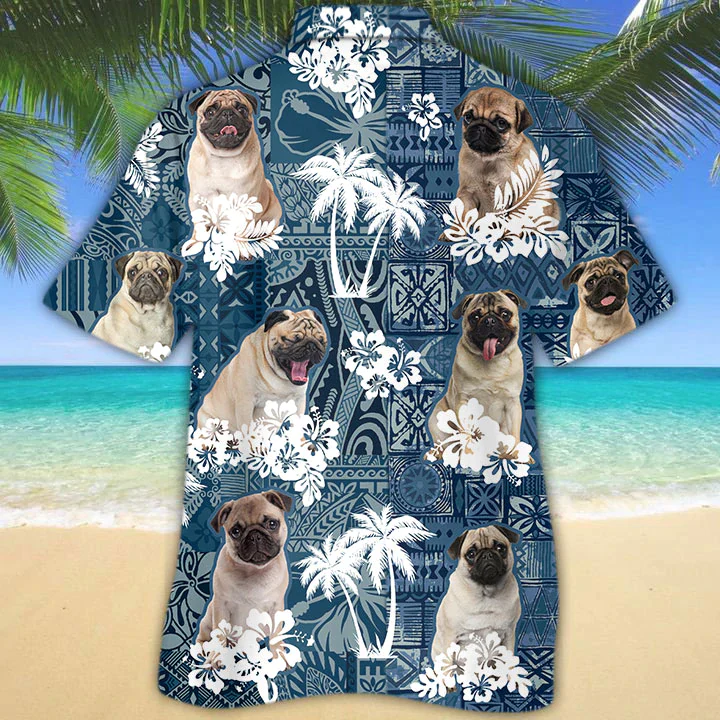 Pug Trendy Hawaiian Shirt, Beach Floral Dog Short Sleeve Hawaiian Aloha Shirt, Summer Trendy Hawaiian Shirt For Men, Women