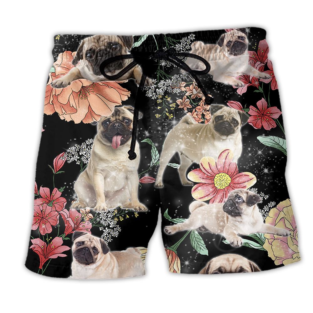 Pug Tropical Style Dark Trendy Aloha Hawaiian Beach Shorts Pug Tropical Style Dark Trendy Aloha Hawaiian Beach Shorts