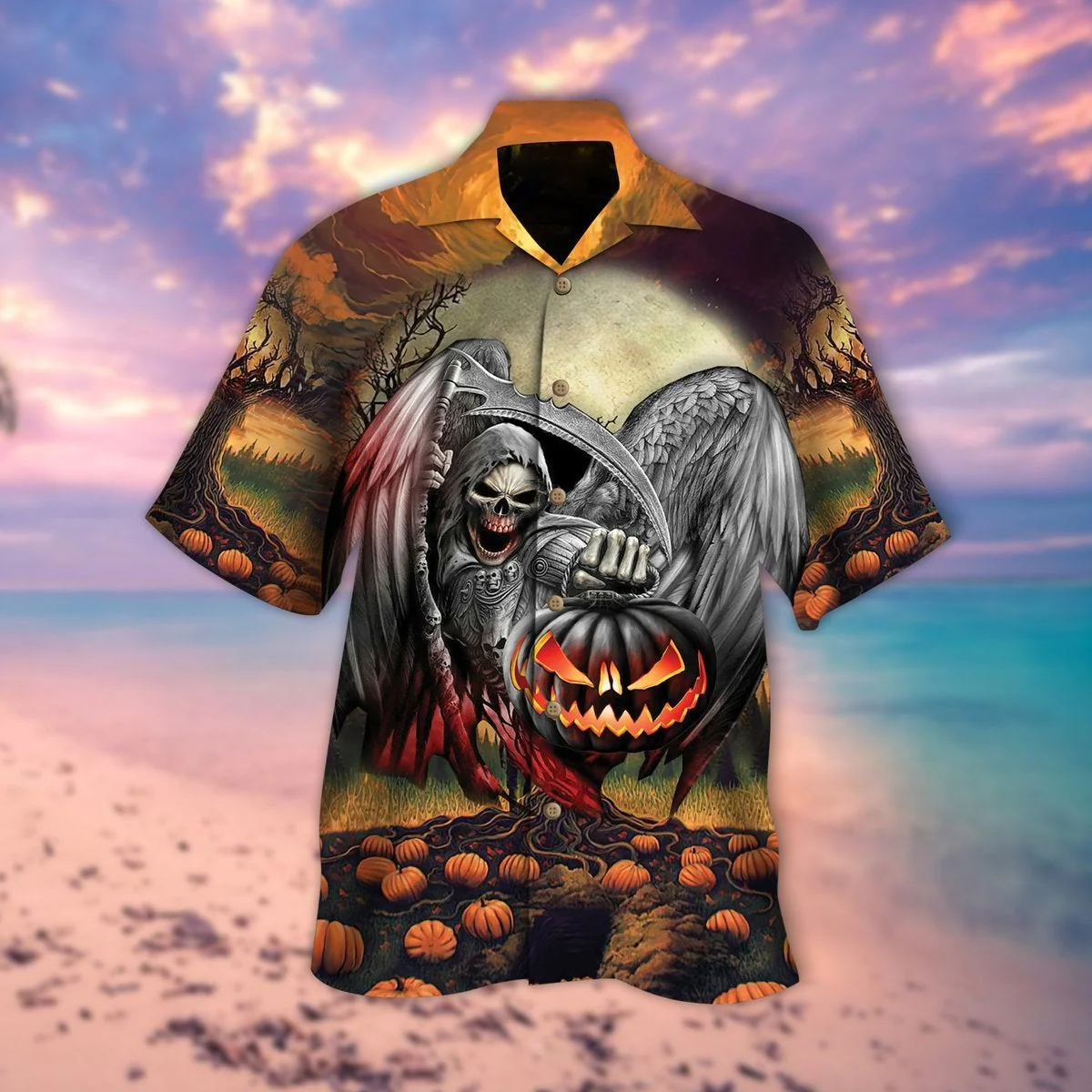 Pumpkin And Skull Lantern Halloween Trendy Hawaiian Shirt, Unisex Print Aloha Short Sleeve Casual Shirt