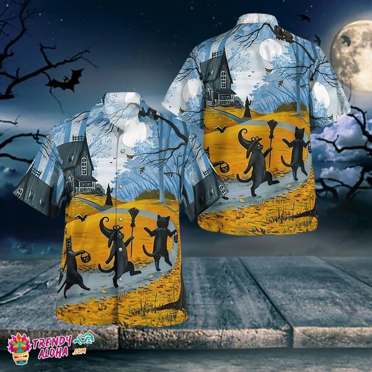 Pumpkin Black Cat Graphic Halloween Hawaiian Shirt for All