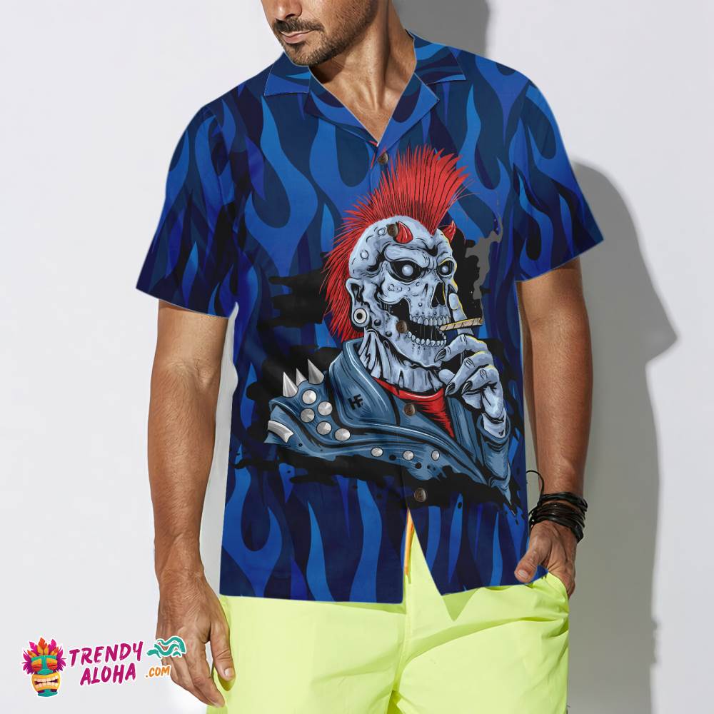 Punk Rock Skull Electric Guitar Hawaiian Shirt, Blue Flame Pattern Skull Rocker Hawaiian Shirt For Men Punk Rock Skull Electric Guitar Hawaiian Shirt, Blue Flame Pattern Skull Rocker Hawaiian Shirt For Men
