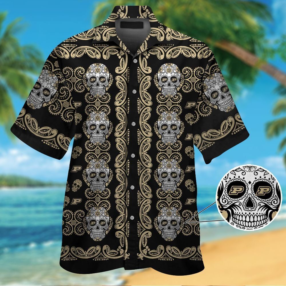 Purdue Boilermakersskull Short Sleeve Button Up Tropical Hawaiian Shirt