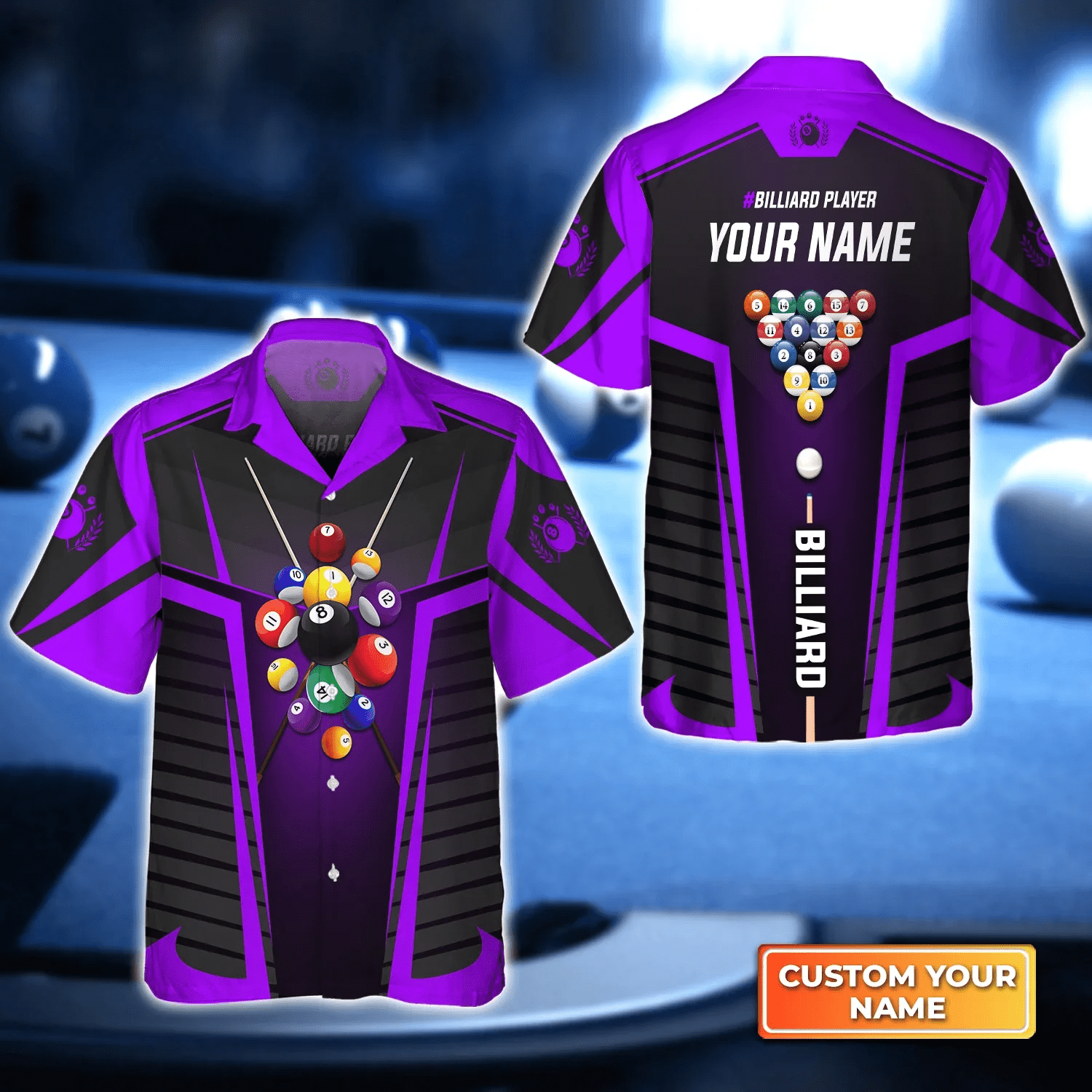 Purple Billiard Balls Personalized Name 3D Trendy Hawaiian Shirt, Billiard Team Shirt, Summer Shirt Gift For Billiard Lover