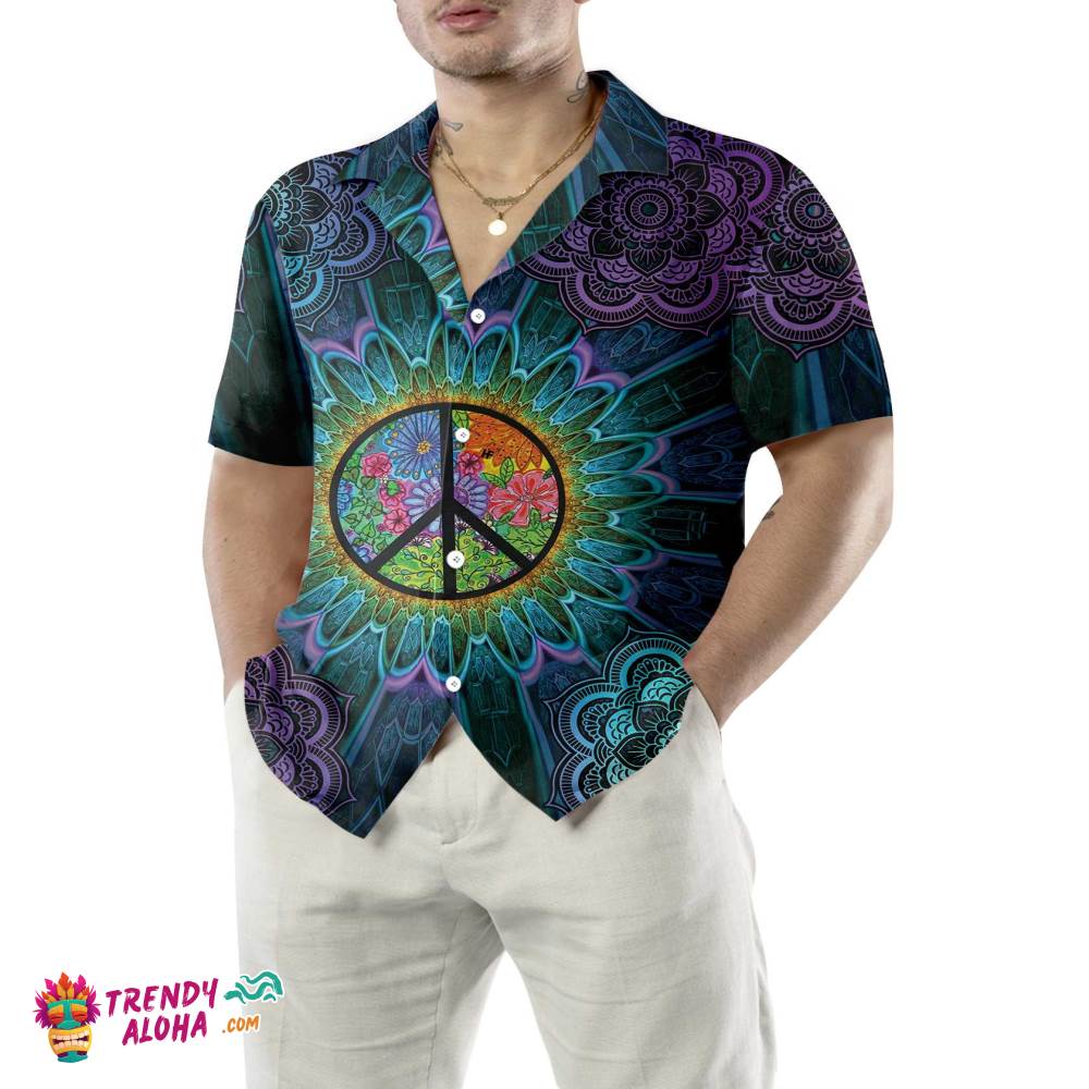Purple Flower Hippie Hawaiian Shirt, Mandala Peace Sign Hippie Shirt Purple Flower Hippie Hawaiian Shirt, Mandala Peace Sign Hippie Shirt