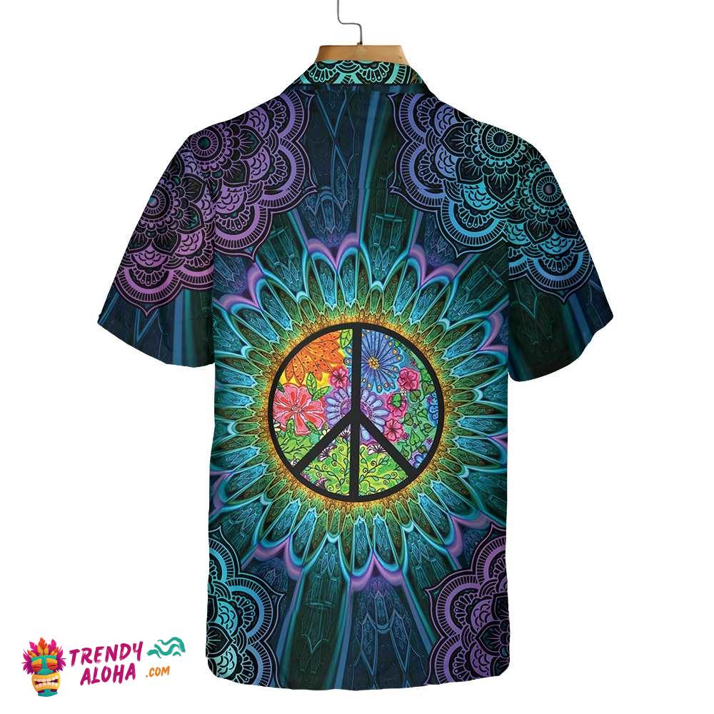Purple Flower Hippie Hawaiian Shirt, Mandala Peace Sign Hippie Shirt