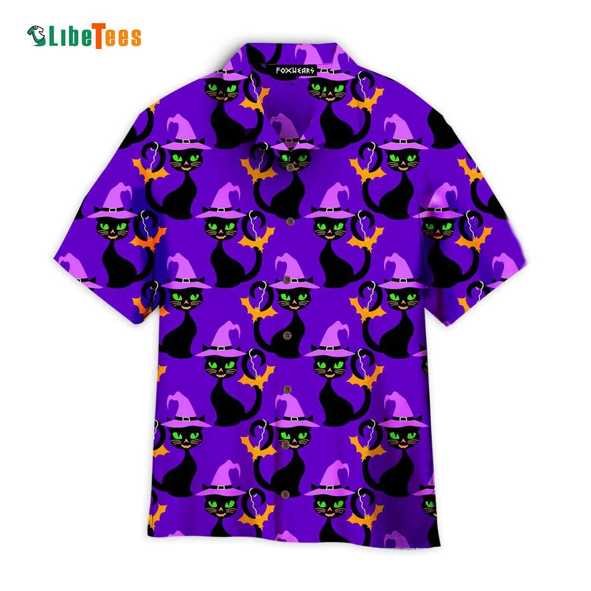 Purple Hallo Cat With Witch Hat, Cat Trendy Hawaiian Shirt Perfect Gifts For Your Loved Ones