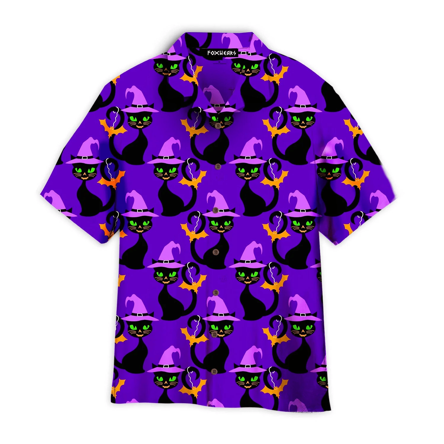 Purple Hallo Cat With Witch Hat Pattern Trendy Hawaiian Shirt