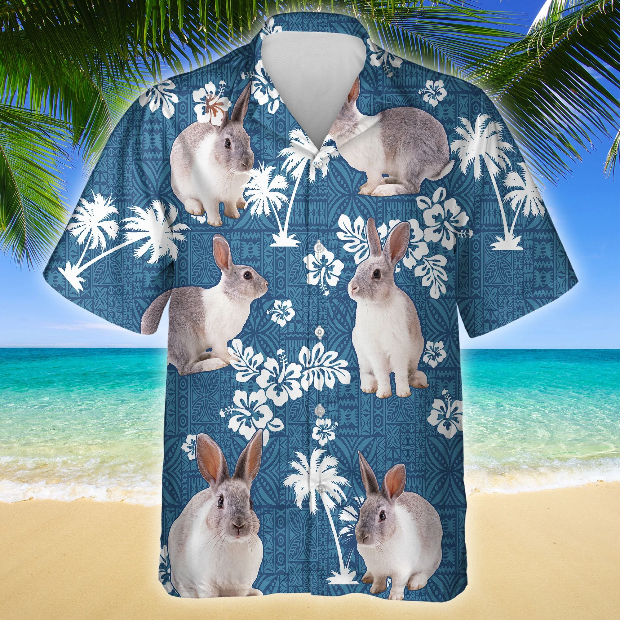 Rabbit Blue Tribal All Over Printed 3D Hawaiian Shirt
