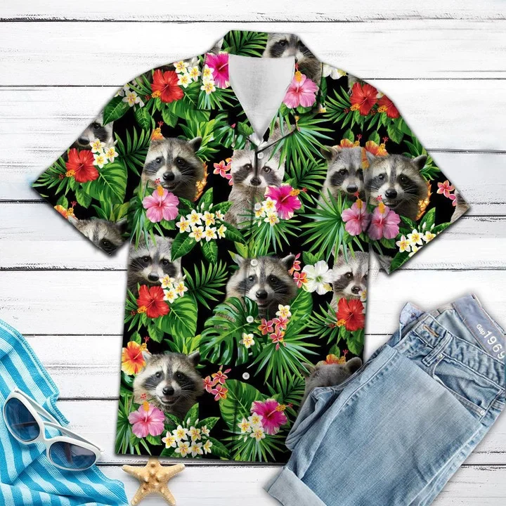 Raccoon Among Vivid Flowers And Leaves Trendy Hawaiian Shirt