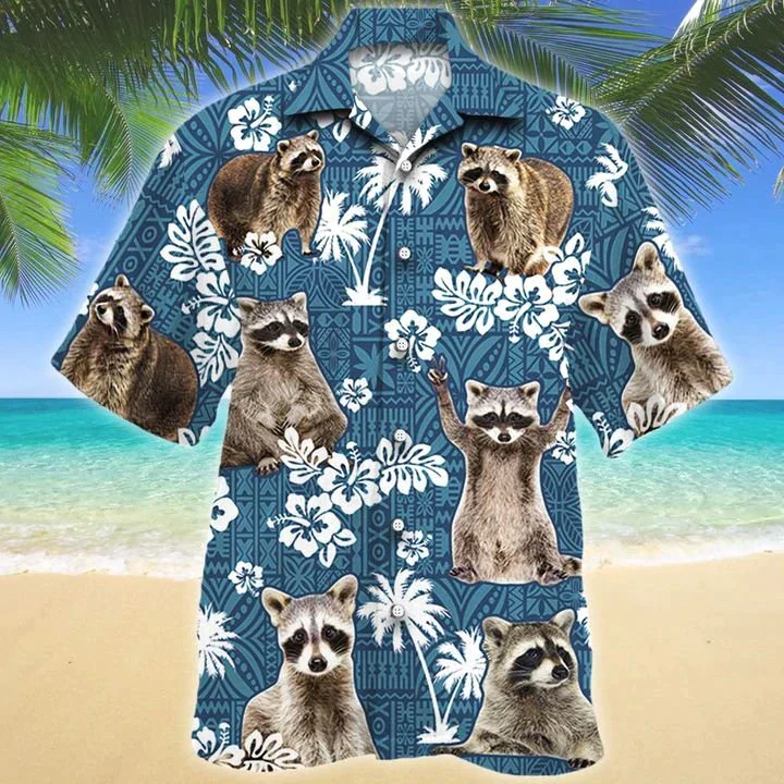 Raccoon Blue Tribal Pattern Trendy Hawaiian Shirt, Animal Raccoon Trendy Hawaiian Shirts, Raccoon Aloha Shirt For Men, Hawaii Shirt Woman