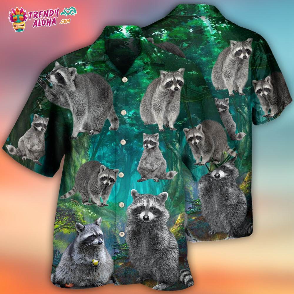 Raccoon Style With Green Hawaiian Shirt – Trendy Aloha