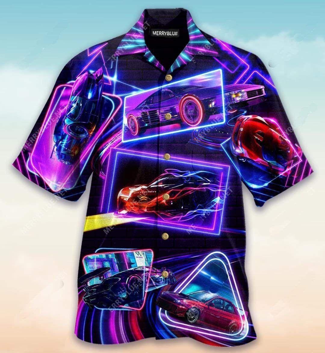 Racing Car Hawaiian Shirt Glowing Neon Racing Car Colorful Hawaii Aloha