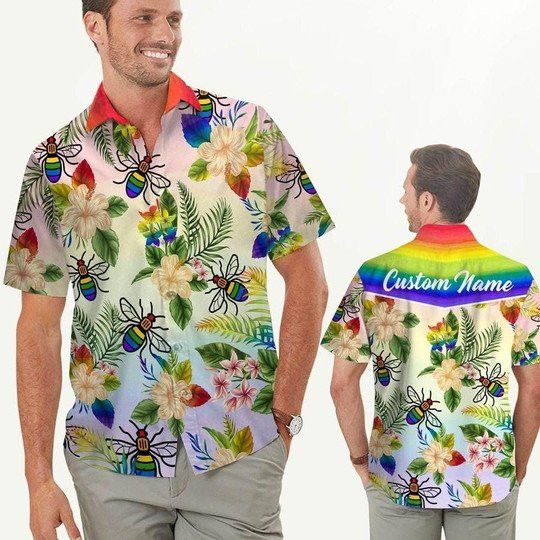 Rainbow Bee Hibiscus Lgbt Pride Custom Name Trendy Hawaiian Shirt