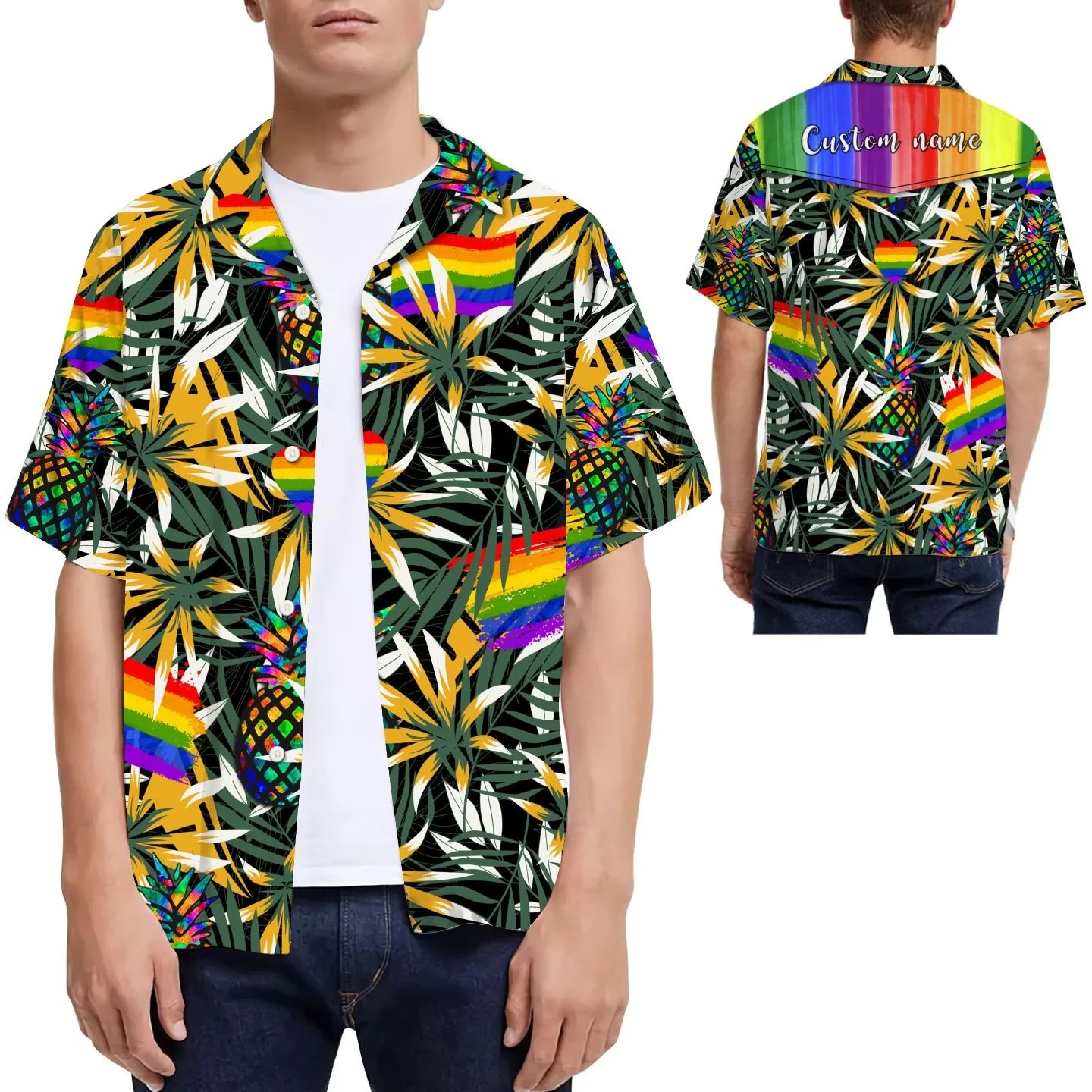 Rainbow Pineapples Tropical Leaves Custom Name Men Hawaiian Shirt For Lgbt Community Rainbow Pineapples Tropical Leaves Custom Name Men Hawaiian Shirt For Lgbt Community