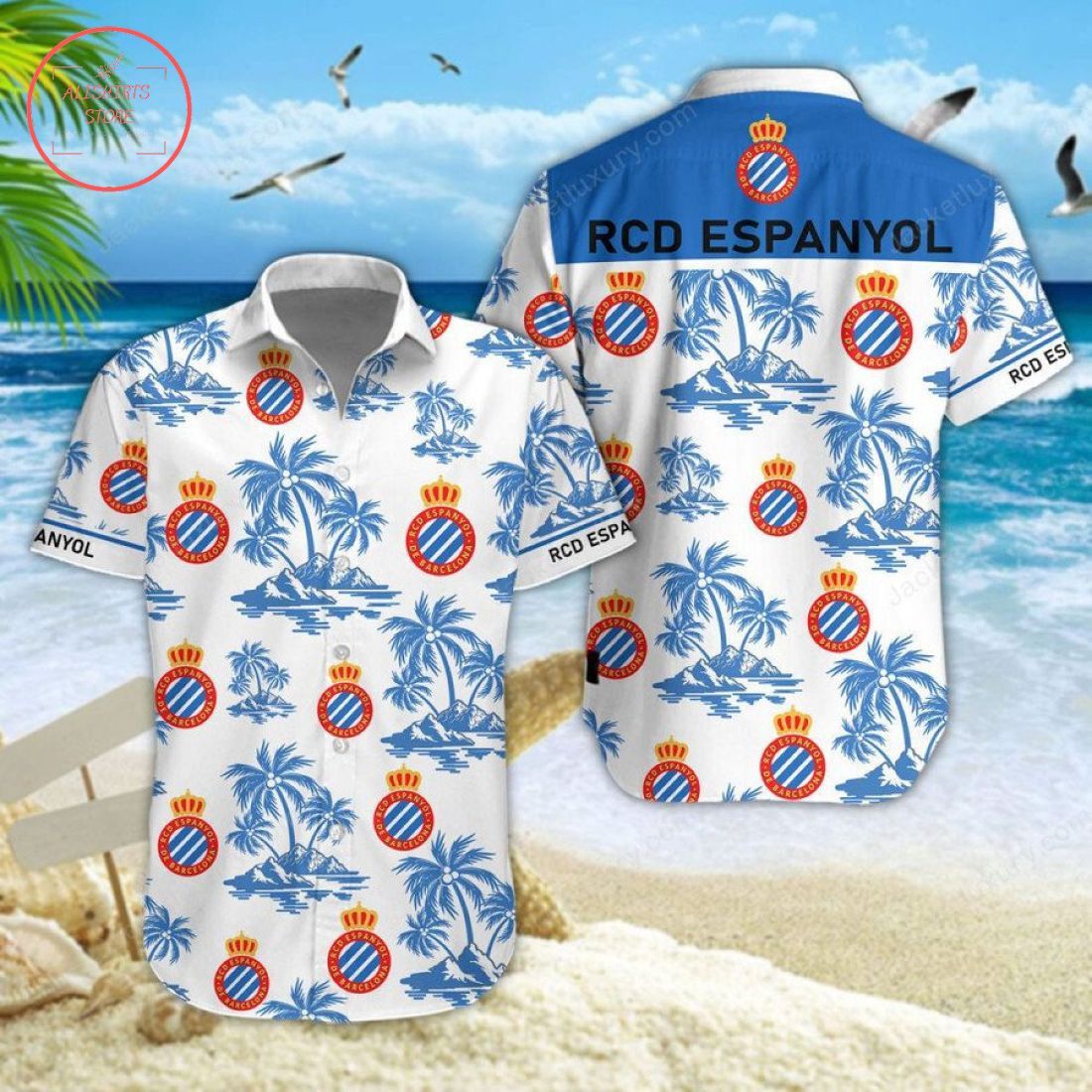 Rcd Espanyol Coconut Tree White Blue Hawaiian Shirt