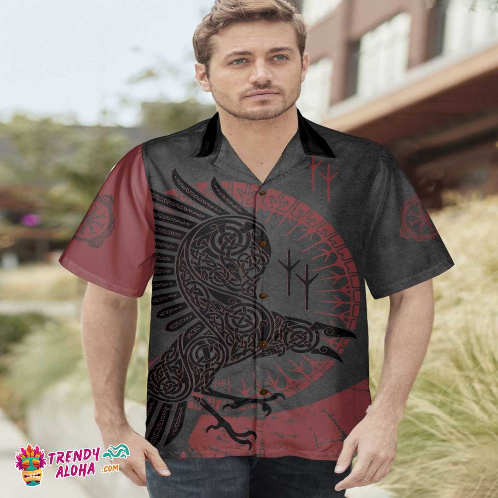 Red And Black Raven Viking Hawaiian Shirt, Unique Viking Raven Shirt For Men And Women