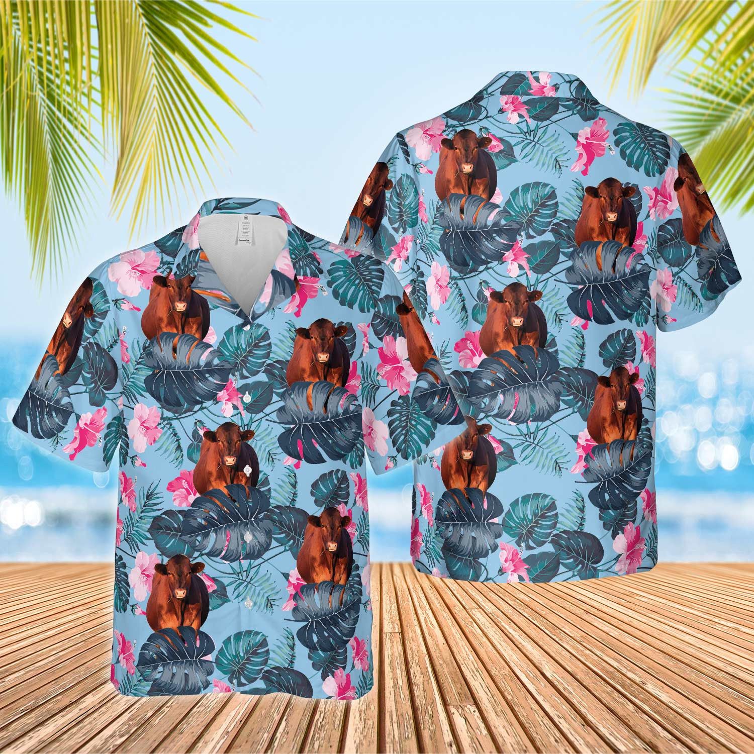 Red Angus Adorned Blue Hibiscus 3D Hawaiian Shirt Elegant Print
