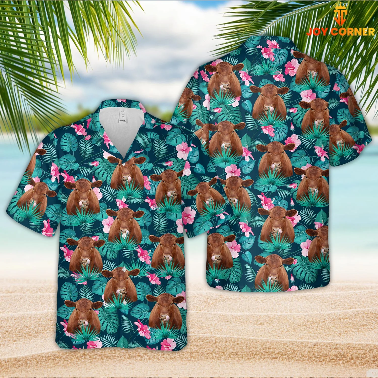 Red Angus Amidst Blue Summertime Florals Hawaiian Shirt