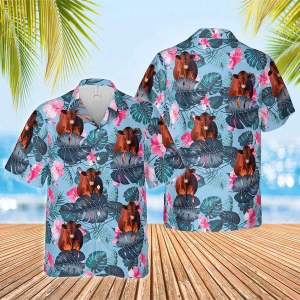 Red Angus Blue Hibiscus Trendy Hawaiian Shirt, Farm Cow Trendy Hawaiian Shirt For Men And Women