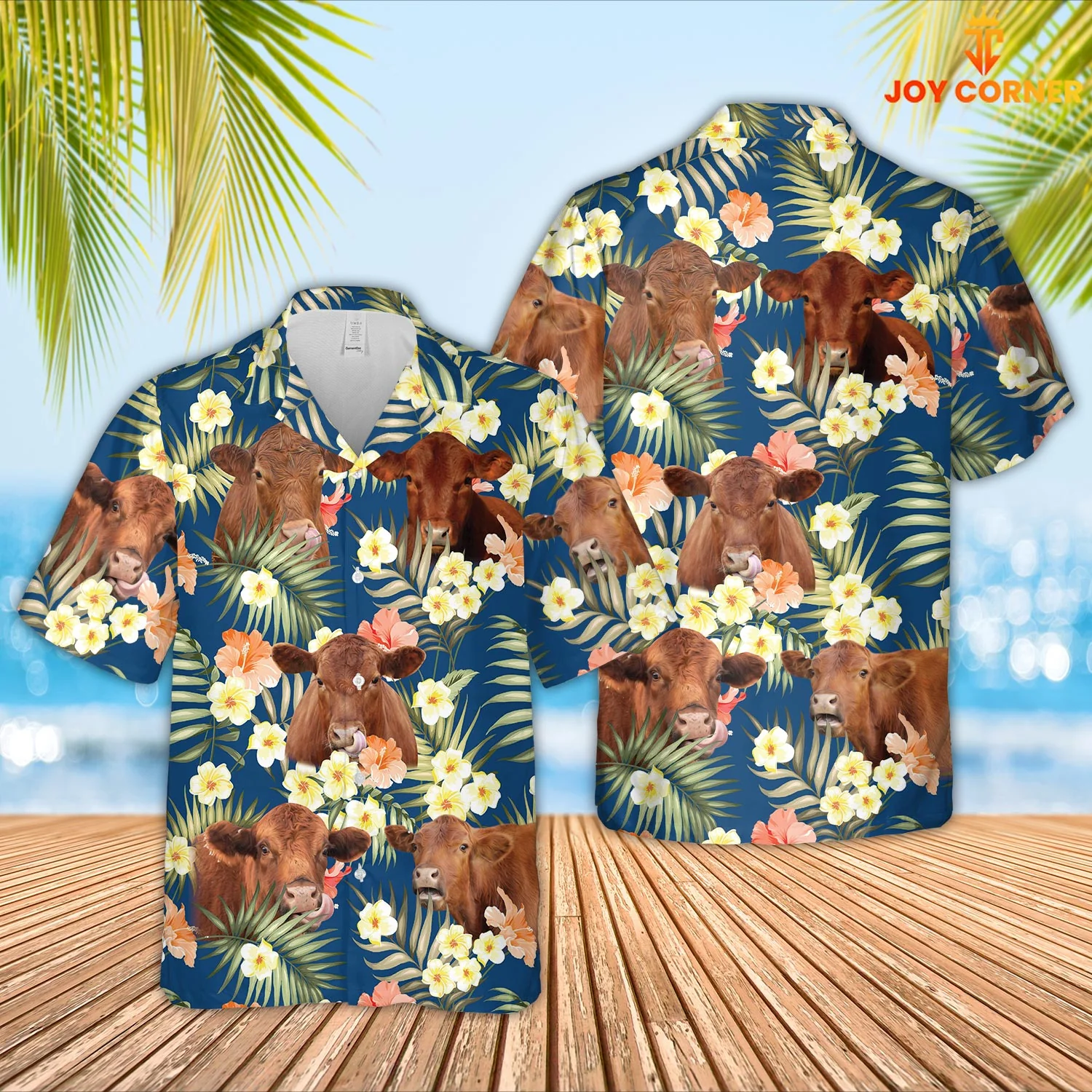 Red Angus Breed Hawaiian Shirt Showcasing Blue Summertime Florals 3D Print Design