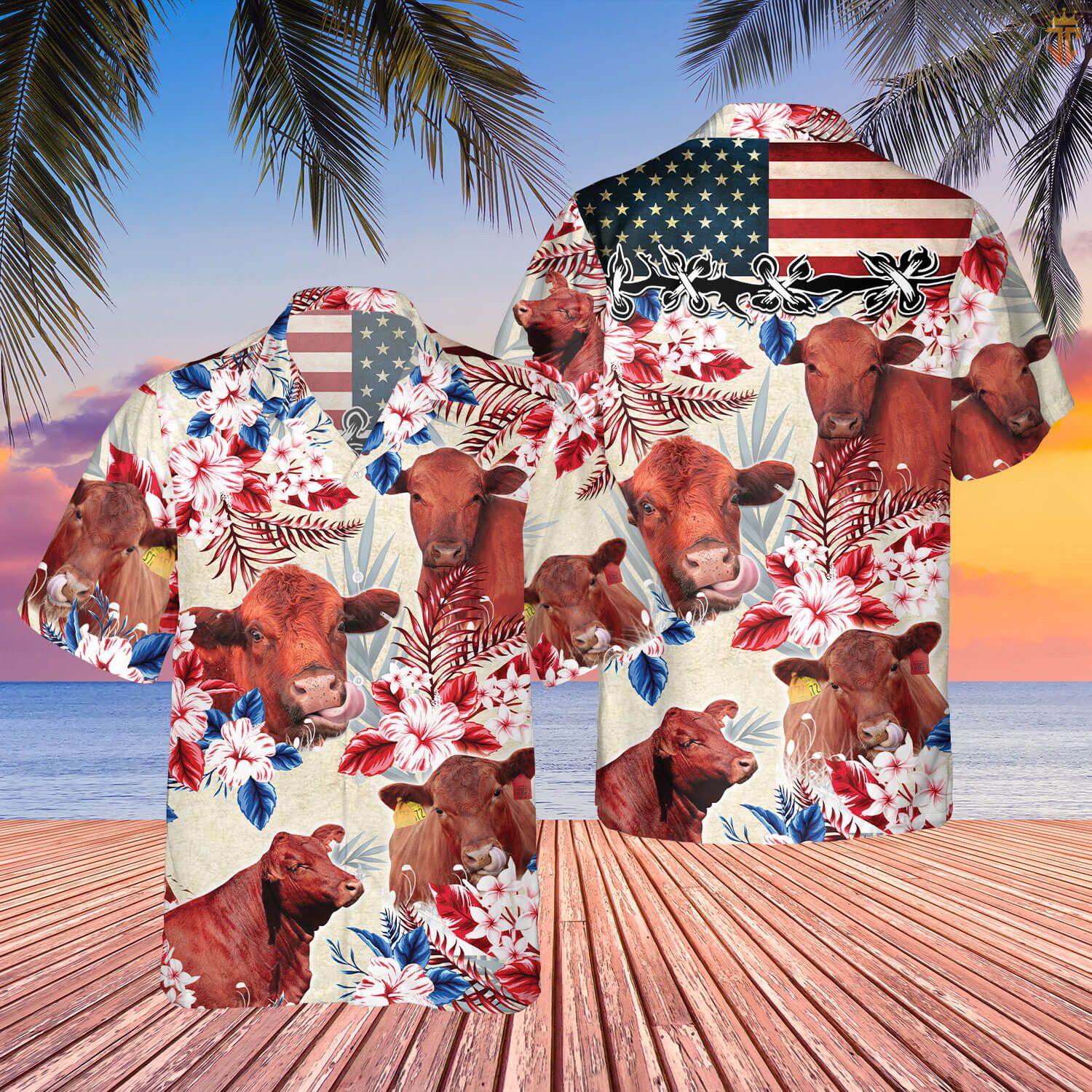 Red Angus Cattle American Flag Hawaiian Flowers All Over Printed 3D Hawaiian Shirt