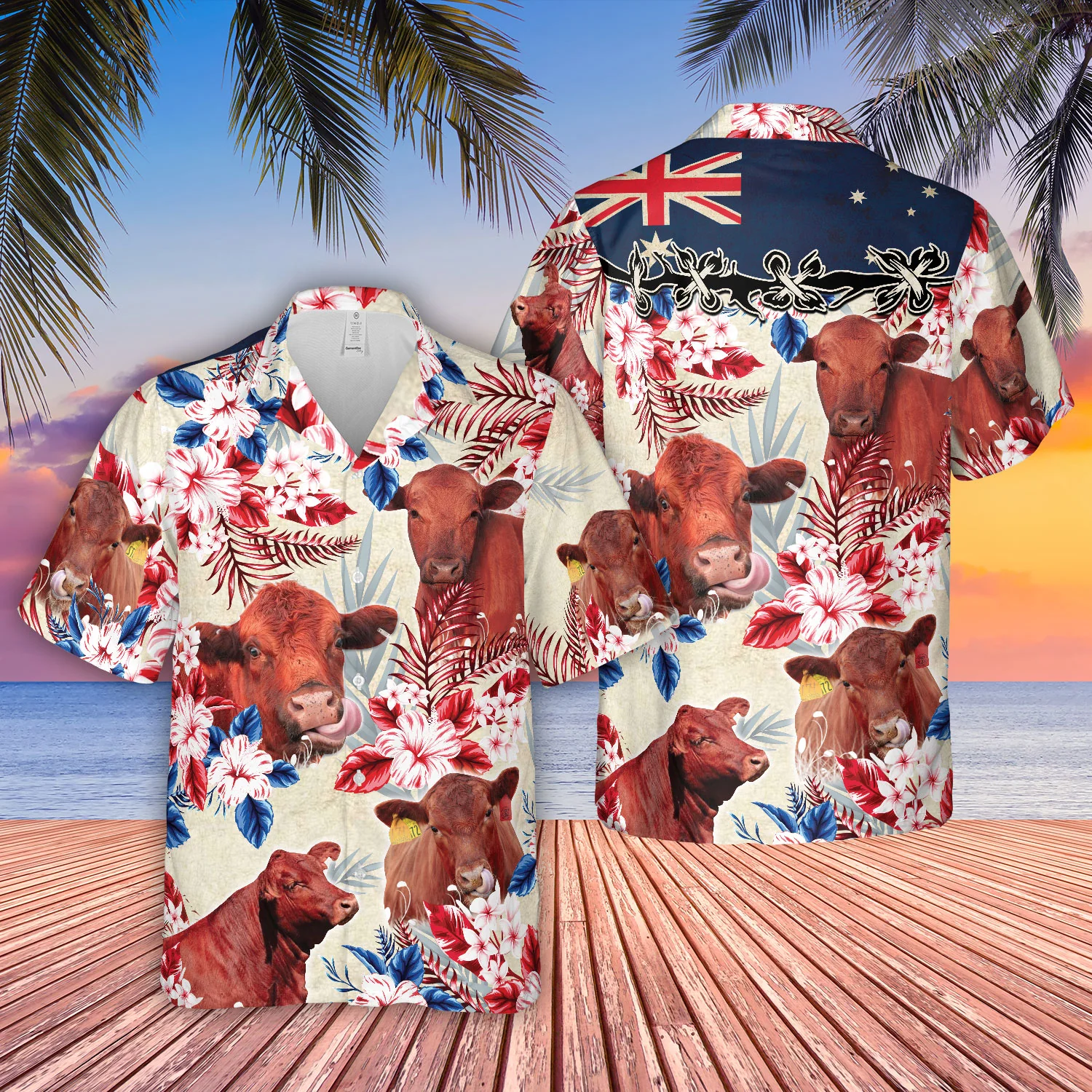 Red Angus Cattle Australia Flag Hawaiian Flowers Hawaiian Shirt